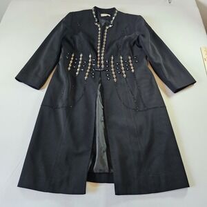 Terramina Sz 10 Long Black‎ Elegant Lined Coat Jacket Embroidered Beaded Vtg EUC